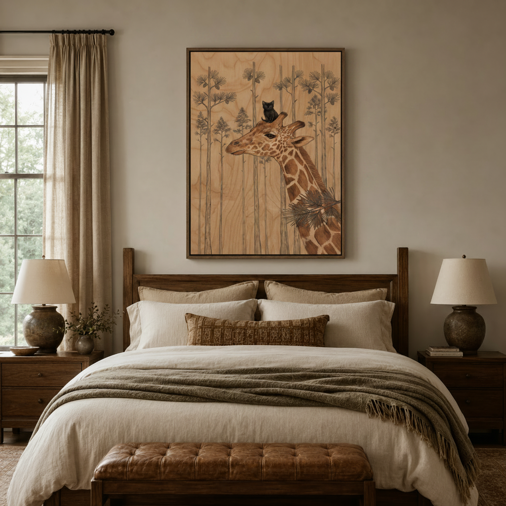 Wood engraving style giraffe and kitten canvas print above bed in cozy bedroom