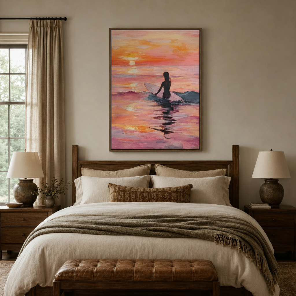  Impasto surfer girl canvas wall art above a dark wood bed frame in a warm neutral bedroom