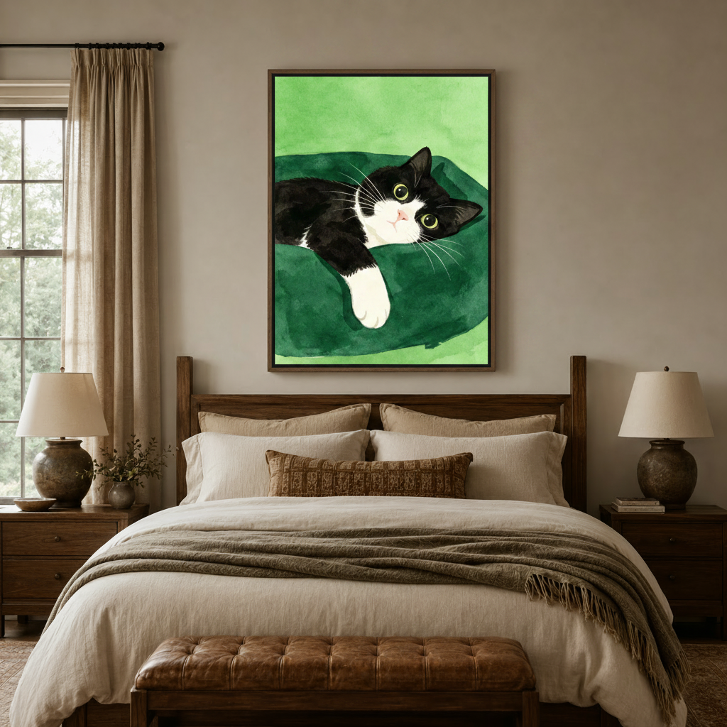 Tuxedo cat lounging canvas print styled above bed in warm bedroom interior setting
