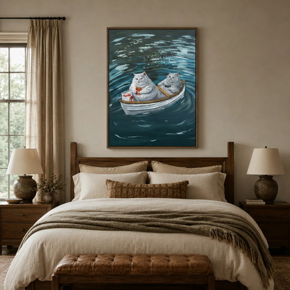 Quirky fat cats boat canvas art above bed in cozy neutral bedroom with warm lighting