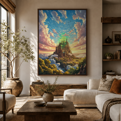 Fantasy castle canvas wall art in living room – epic magical sky illustration displayed above sofa by Aurewall