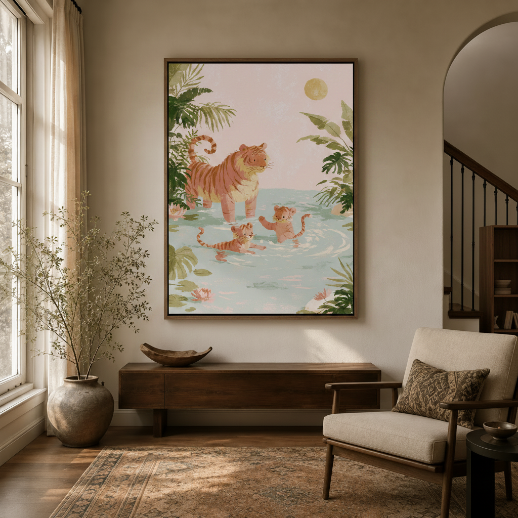 Mother tiger and cubs jungle wall art in float frame styled in warm neutral living room