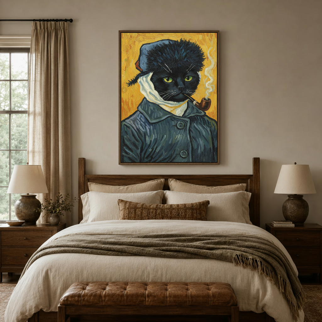 Van Gogh black cat wall art above a wooden bed in a warm neutral bedroom