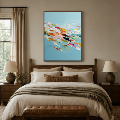 Impasto colorful fish canvas wall art above a wooden bed in a cozy neutral bedroom