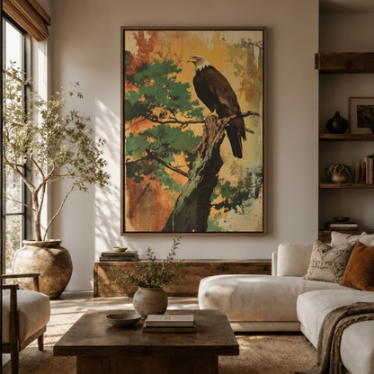 Vintage bald eagle canvas wall art in living room – warm amber autumn nature print above sofa by Aurewall