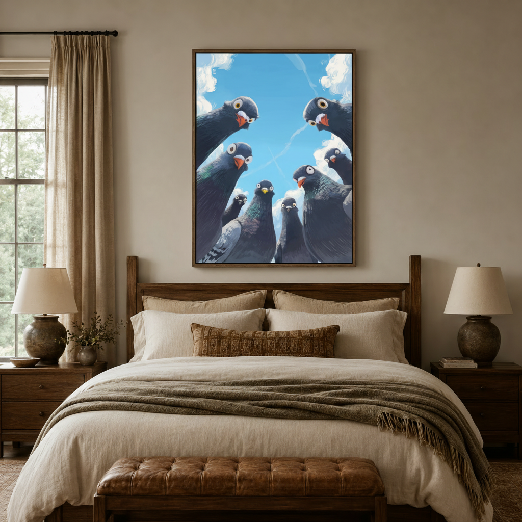 Anime-style pigeon flock canvas above bed in cozy neutral bedroom with warm linen bedding and walnut frame