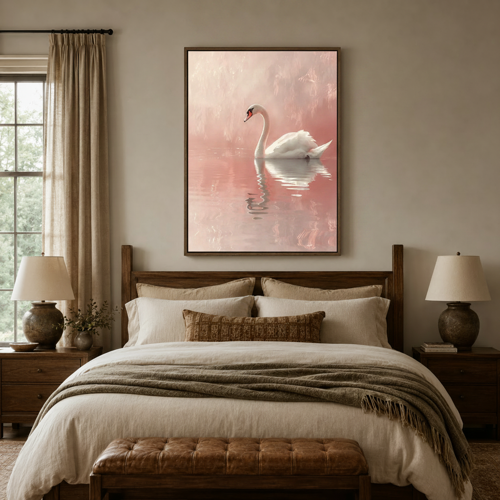 Blush pink swan painting in dark walnut frame above bed in cozy neutral bedroom with linen bedding