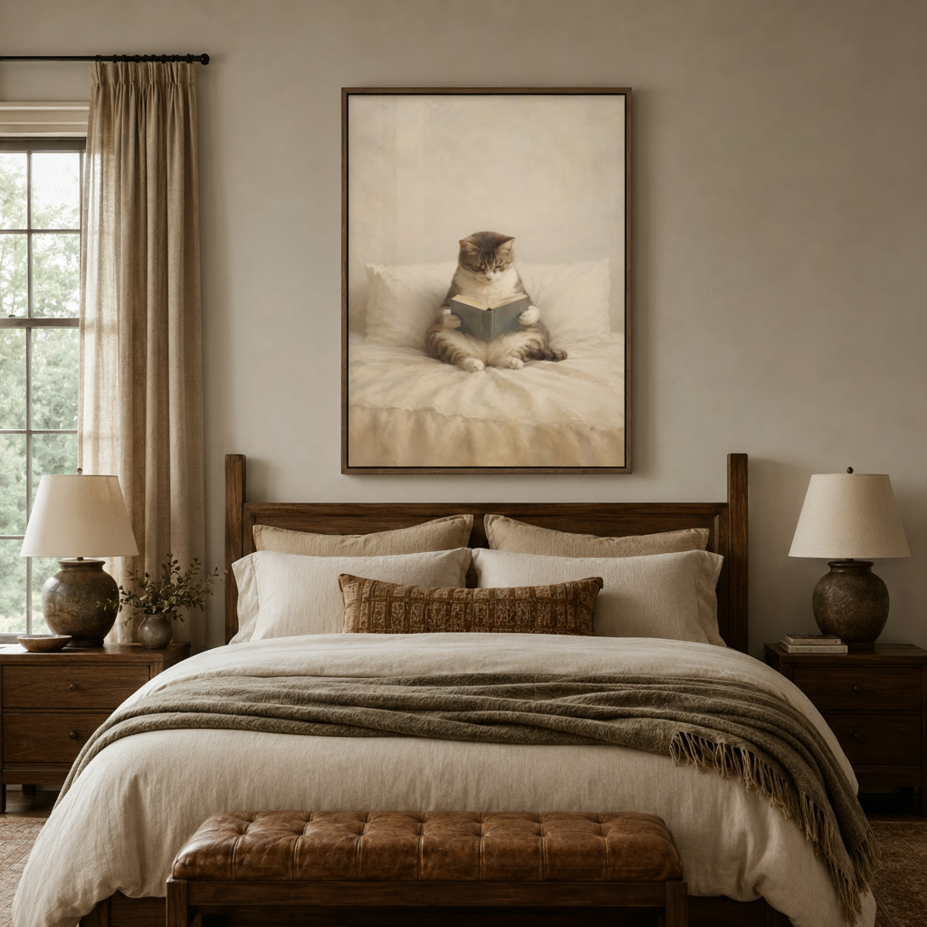 Cat reading book wall art above a rustic wooden bed in a cozy neutral bedroom with linen bedding