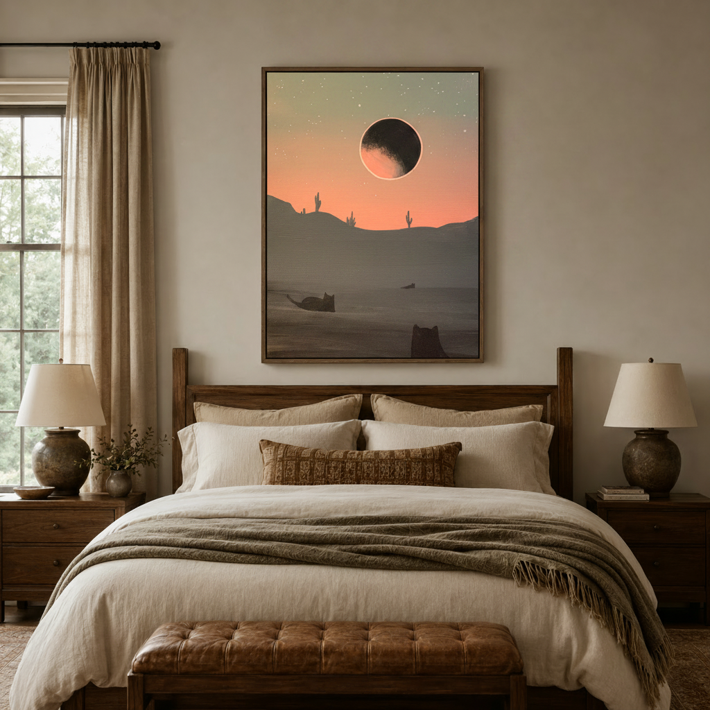 Dark desert night canvas with black cat silhouettes above wooden bed headboard in warm bedroom