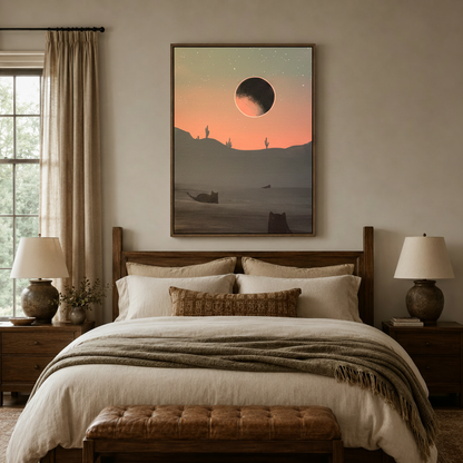 Dark desert night canvas with black cat silhouettes above wooden bed headboard in warm bedroom
