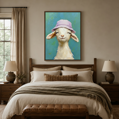 Baby goat bucket hat whimsical oil painting canvas above bed in cozy neutral bedroom with warm linen bedding