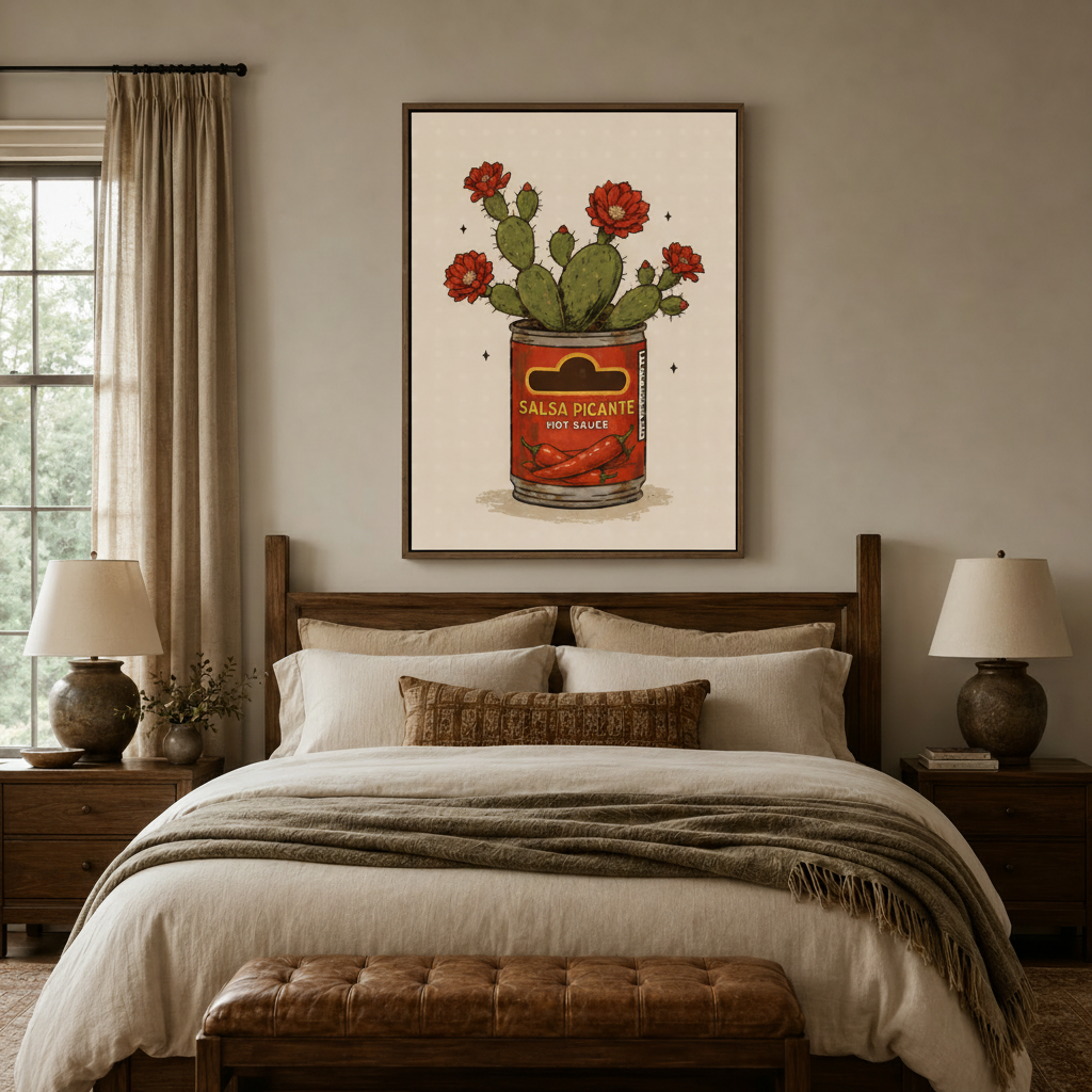 Vintage Southwest cactus wall art above bed in cozy neutral bedroom with wooden nightstands