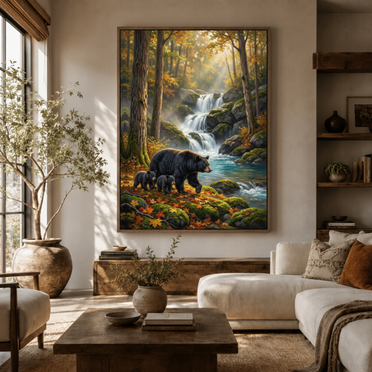 Black bear family canvas wall art in living room – autumn forest wildlife painting displayed above sofa by Aurewall