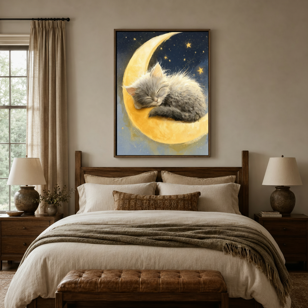 Cat sleeping on moon canvas print in dark walnut float frame above bedroom headboard