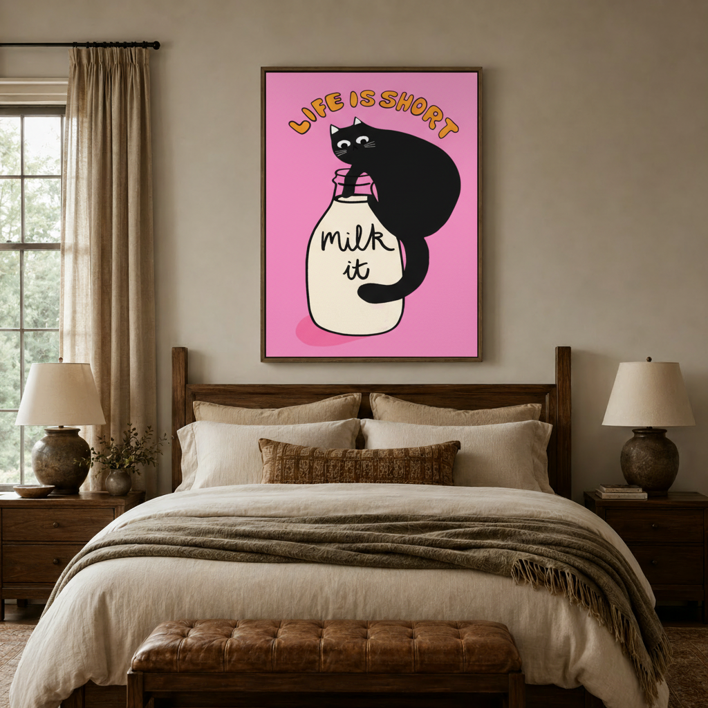 Funny black cat canvas art with bold pink background above a rustic wooden bed in a cozy bedroom