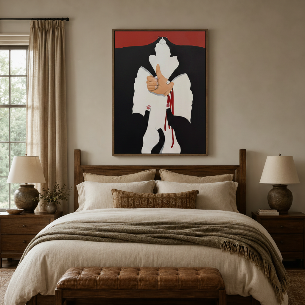 Graphic tuxedo cat canvas art with red accent above bed in neutral bedroom