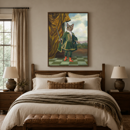 Dapper cat baroque portrait canvas wall art bedroom detail – close-up of classical oil painting showing cat in green velvet coat on gold curtain background by Aurewall