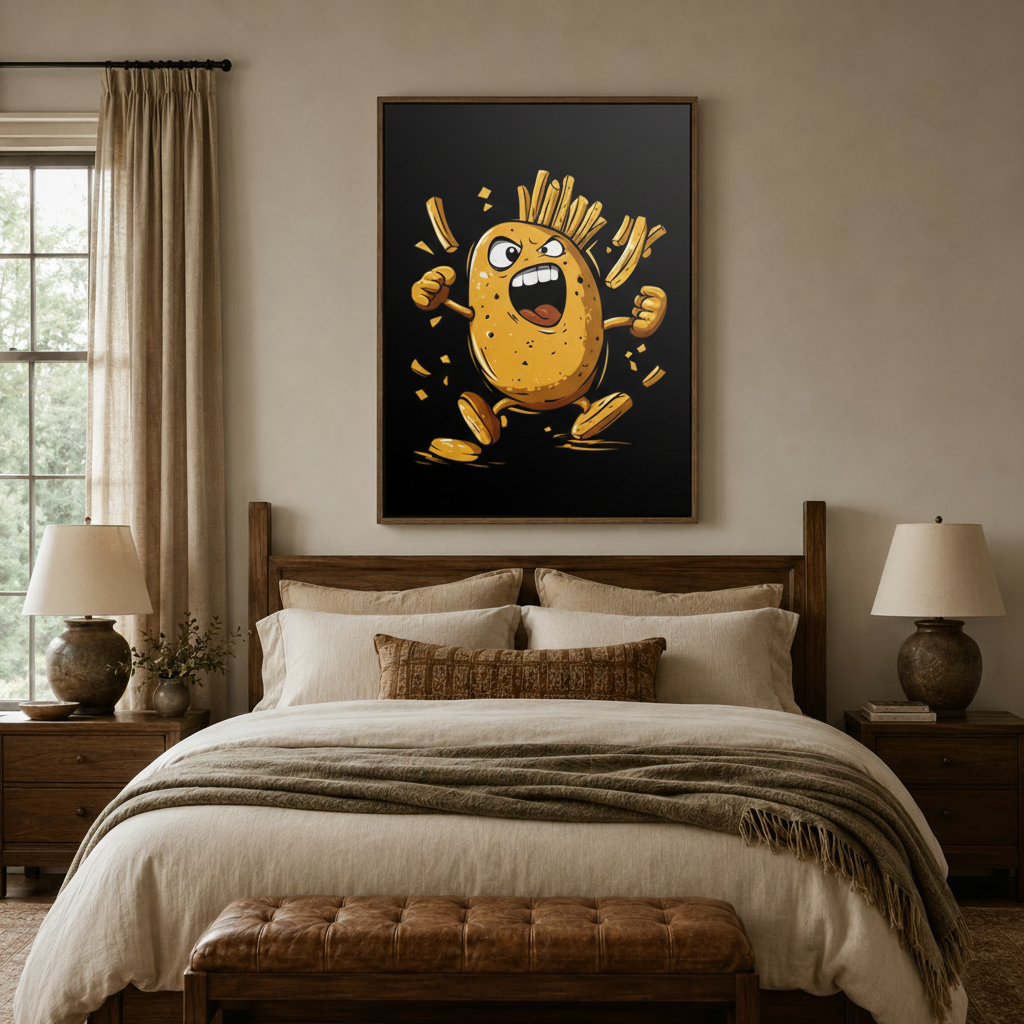 Funny angry potato framed canvas wall art above wooden bed in cozy bedroom interior