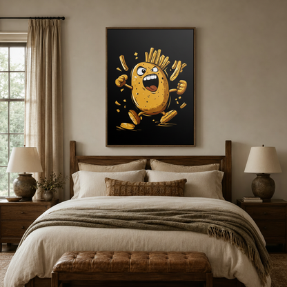 Funny angry potato framed canvas wall art above wooden bed in cozy bedroom interior