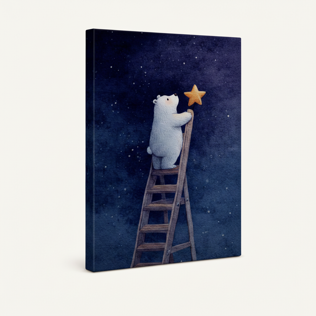 Stretched canvas wall art polar bear reaching star whimsical illustration side view