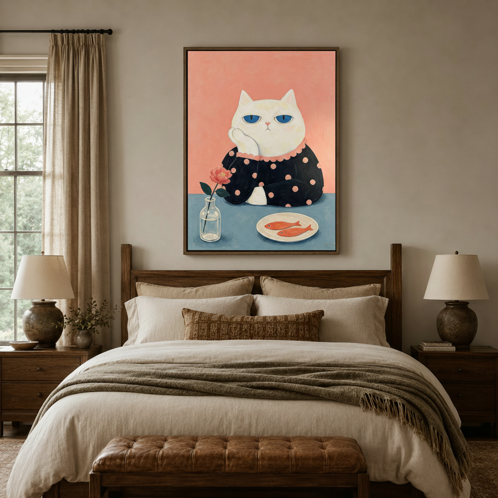 Playful cat portrait framed canvas above a linen bed in a serene bedroom setting