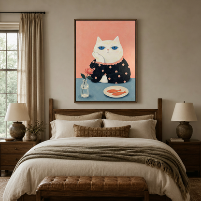 Playful cat portrait framed canvas above a linen bed in a serene bedroom setting