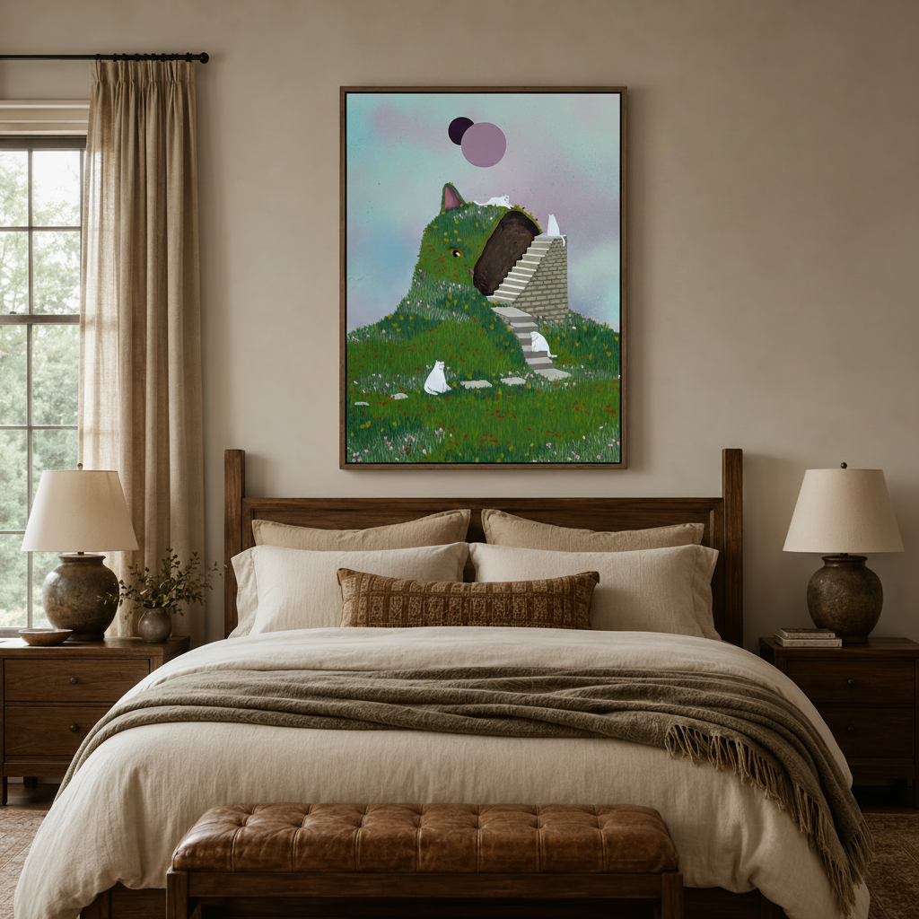 Fantasy cat hill canvas art above bed headboard in a cozy neutral bedroom with warm lighting