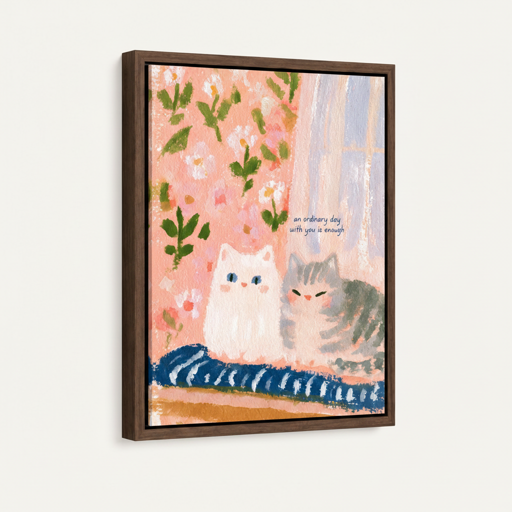 Painterly cat couple canvas in dark walnut float frame, product detail view