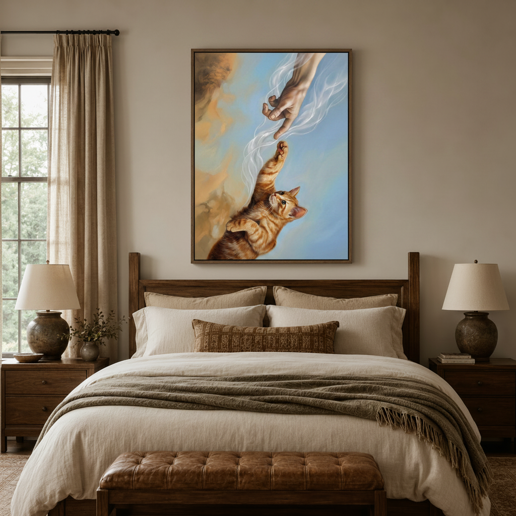 Tabby cat reaching toward divine hand canvas above a bed in a warm-toned neutral bedroom