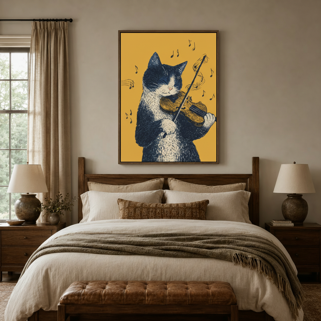 Whimsical cat violin illustration canvas print above bed in cozy bedroom setting