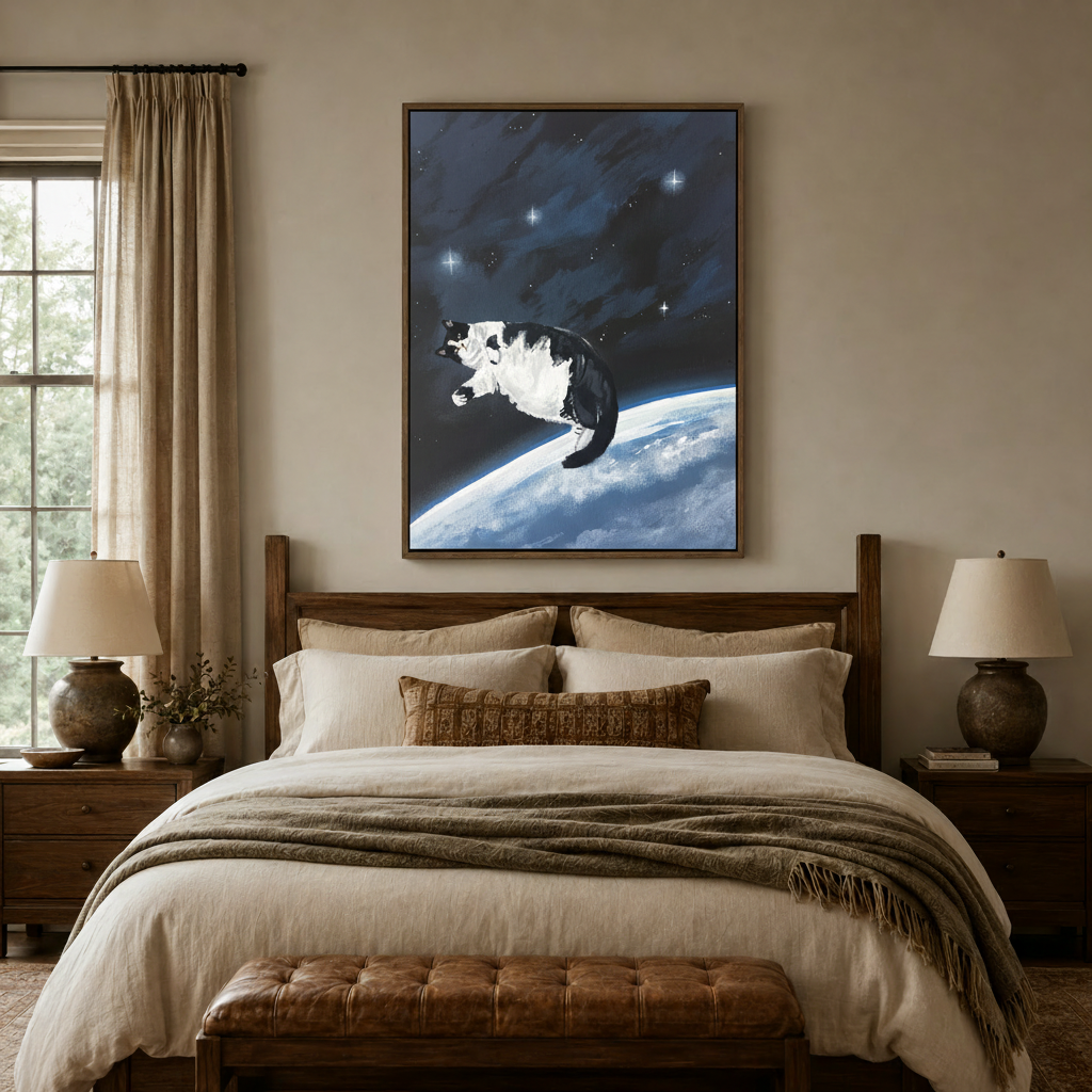 Cosmic space cat canvas in walnut floater frame above a linen bed in a warm neutral bedroom