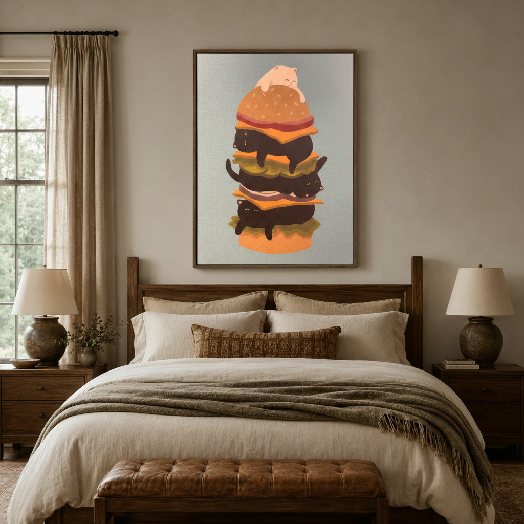 Cat burger stack whimsical canvas art above a bed in a cozy neutral bedroom setting