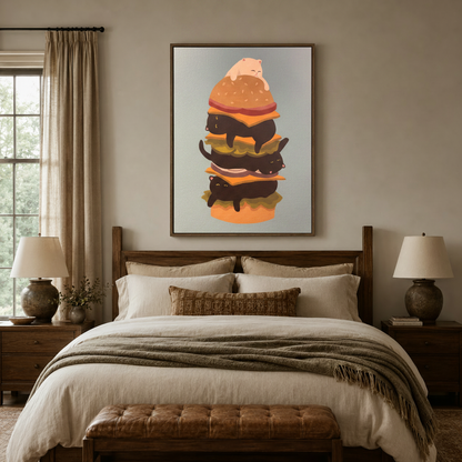 Cat burger stack whimsical canvas art above a bed in a cozy neutral bedroom setting