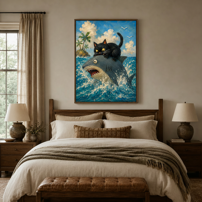 Funny black cat shark painting in dark walnut float frame above bed in cozy neutral bedroom