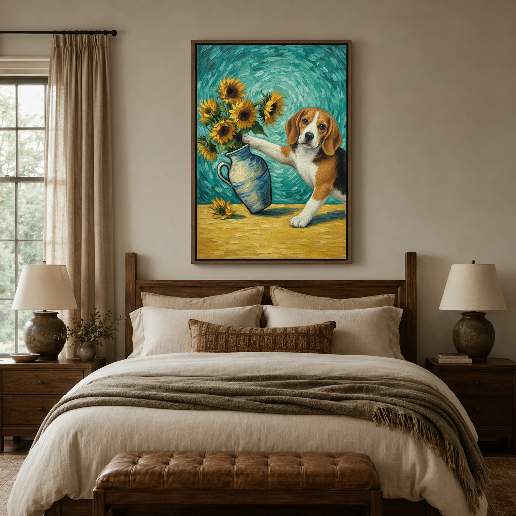 Beagle sunflower oil painting canvas in float frame styled above bed in warm bedroom setting