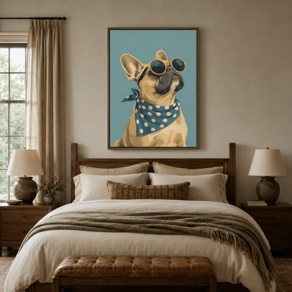 Retro French Bulldog with polka-dot bandana canvas print above bed in cozy neutral bedroom