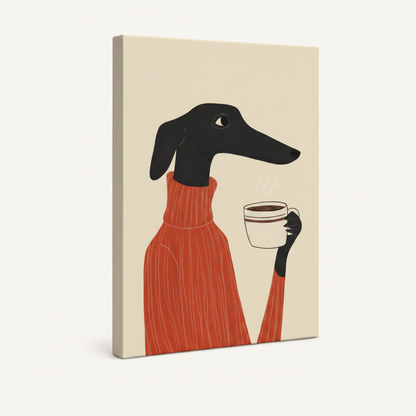 Greyhound dog in red turtleneck canvas print shown at a 3/4 angle on off-white background, stretched canvas