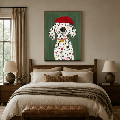 Whimsical Dalmatian illustration canvas print above wooden bed frame in warm neutral bedroom