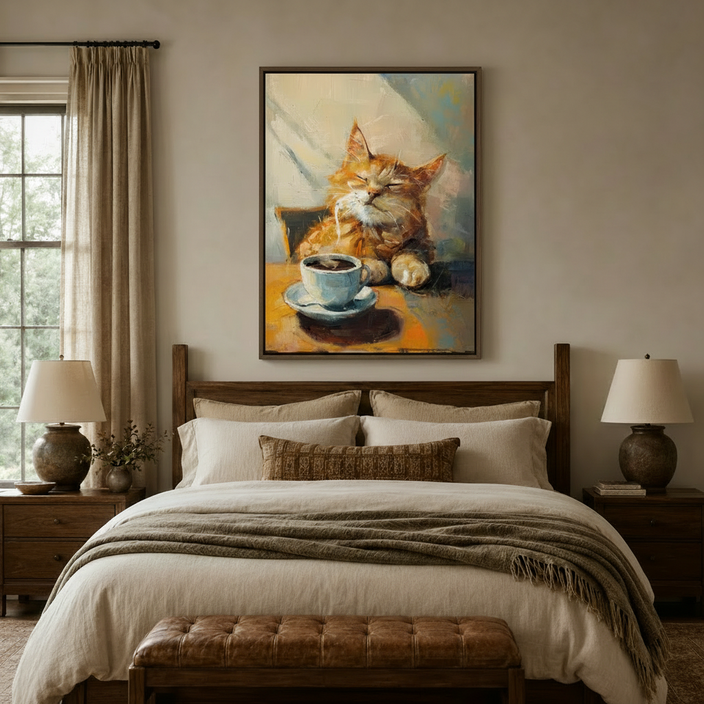 Orange tabby cat oil painting in float frame above a wooden bed in a neutral bedroom