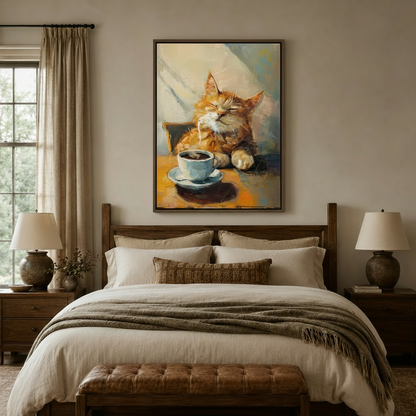 Orange tabby cat oil painting in float frame above a wooden bed in a neutral bedroom