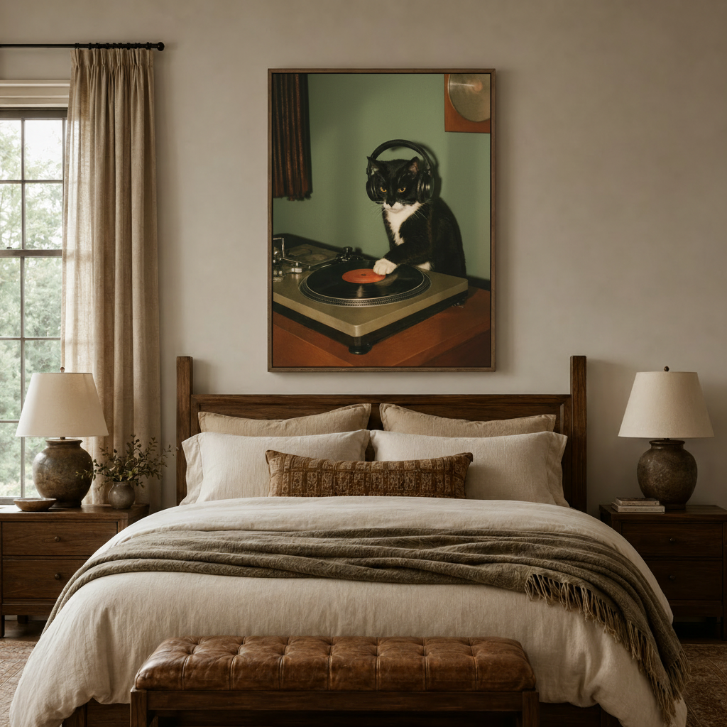 Funny retro cat DJ vinyl record canvas print centered above bed in cozy neutral bedroom