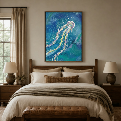 Vibrant ocean jellyfish wall art above a linen bed in a serene bedroom, teal blue palette