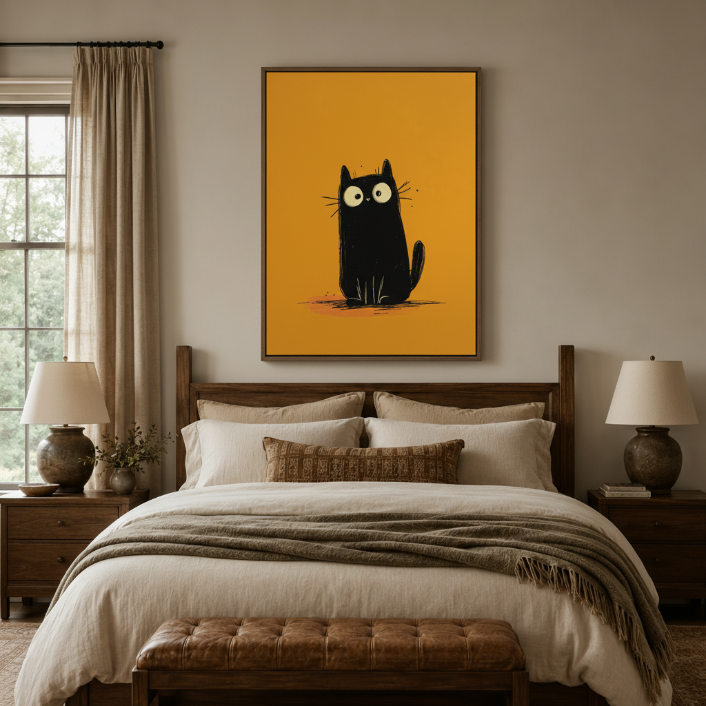 Black cat whimsical wall art above a bed in a warm-toned bedroom with symmetrical nightstands