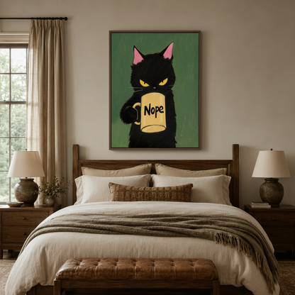 Bold black cat illustration canvas wall art above a bed in a cozy earthy bedroom