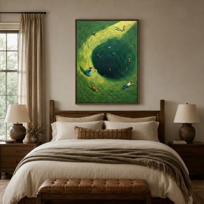 Van Gogh-inspired green vortex wall art above a wooden bed in a cozy neutral bedroom