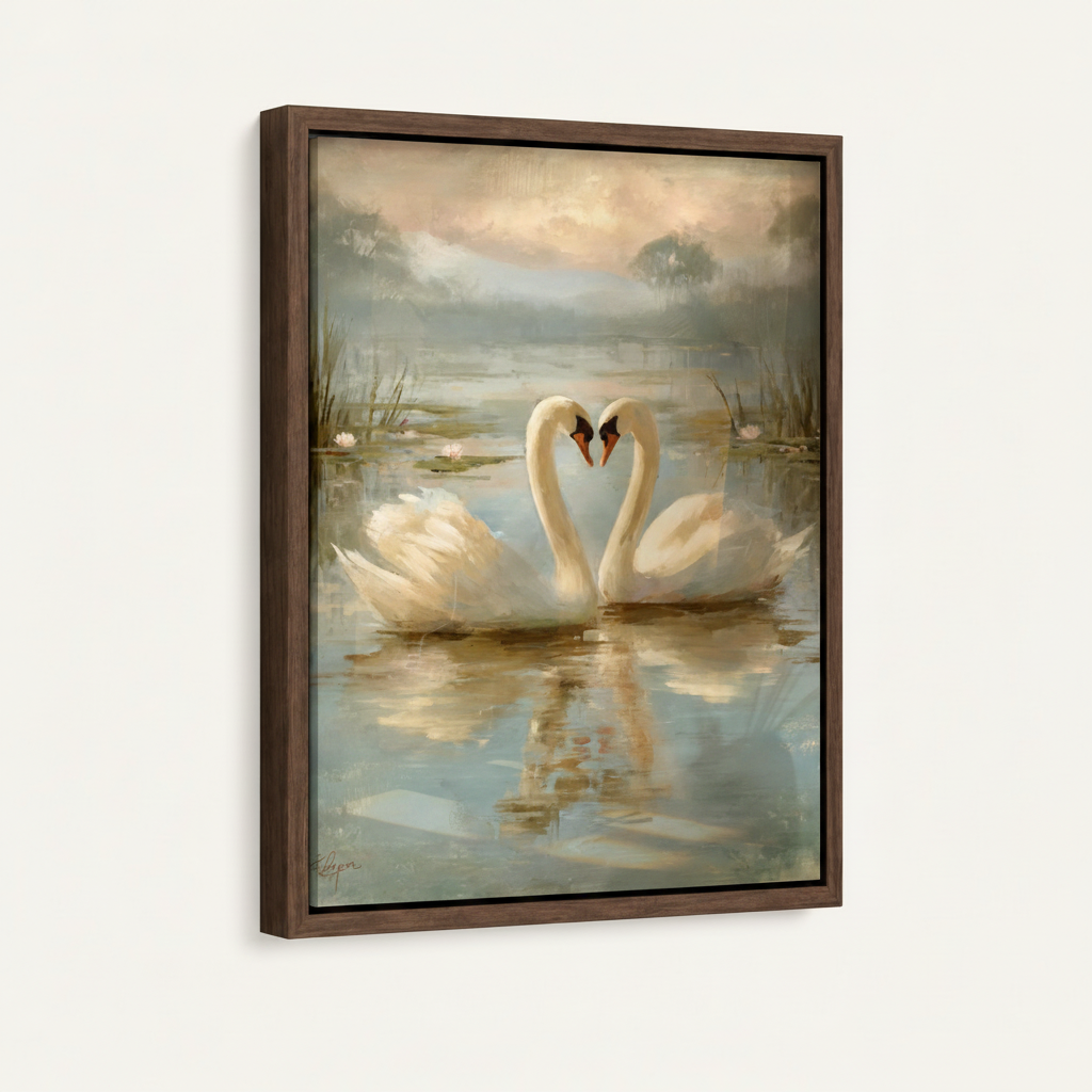 Framed swan lake oil painting canvas print with dark walnut floating frame