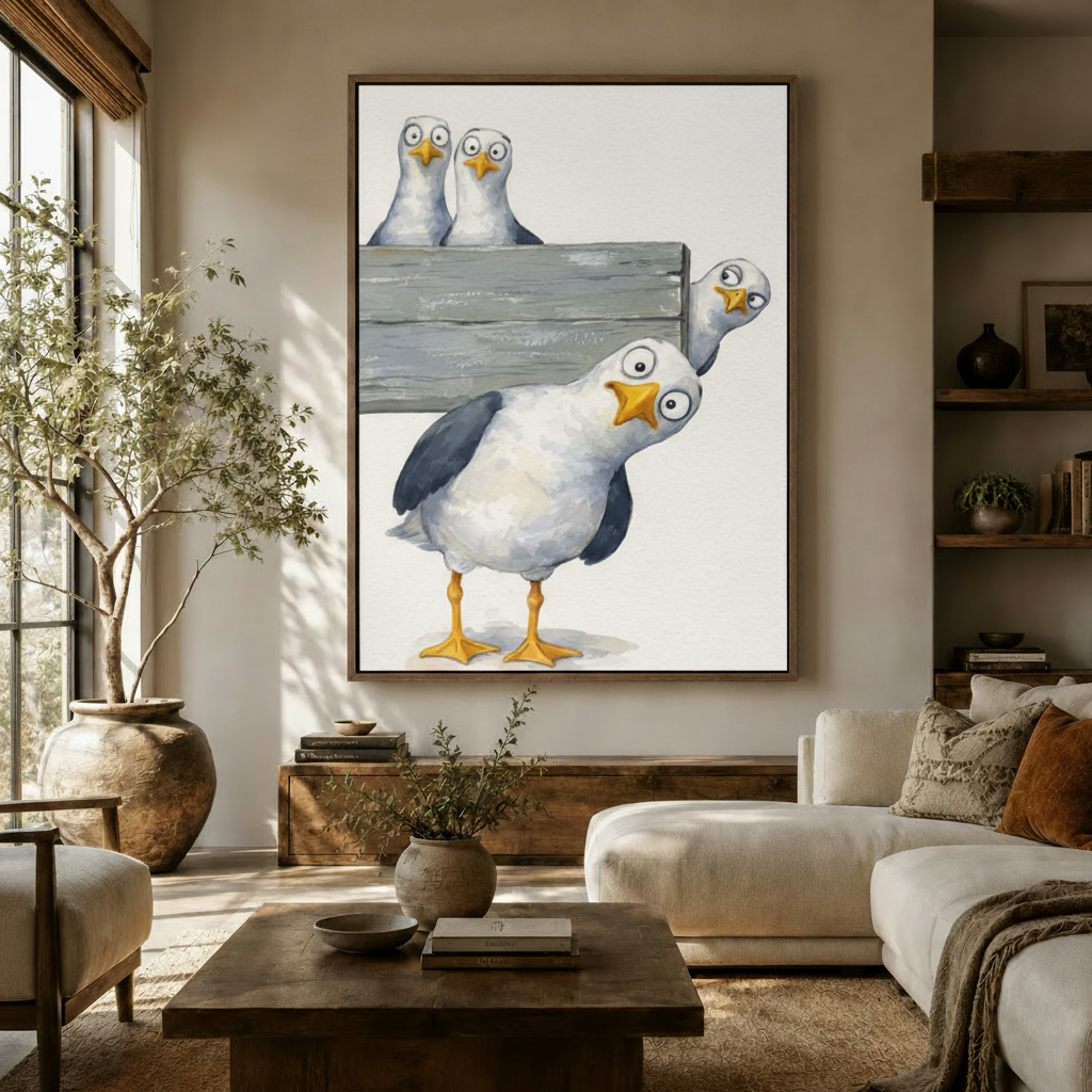 Whimsical seagull canvas print with float frame displayed above console in warm neutral living room