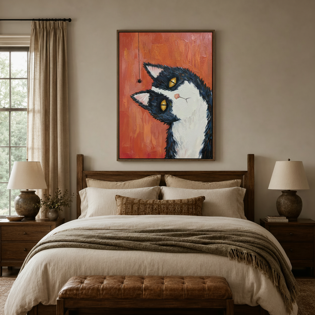 Tuxedo cat and spider impasto oil painting canvas above bed in cozy neutral bedroom with linen bedding