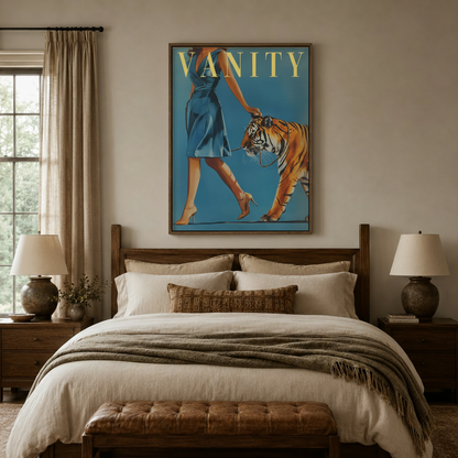 Bold fashion canvas print with float frame styled above bed in cozy bedroom setting