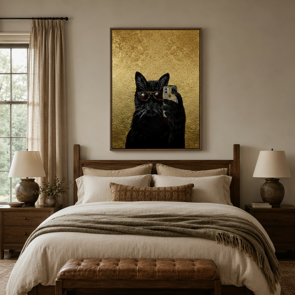Gold damask black cat selfie canvas above wooden bed headboard in warm neutral bedroom